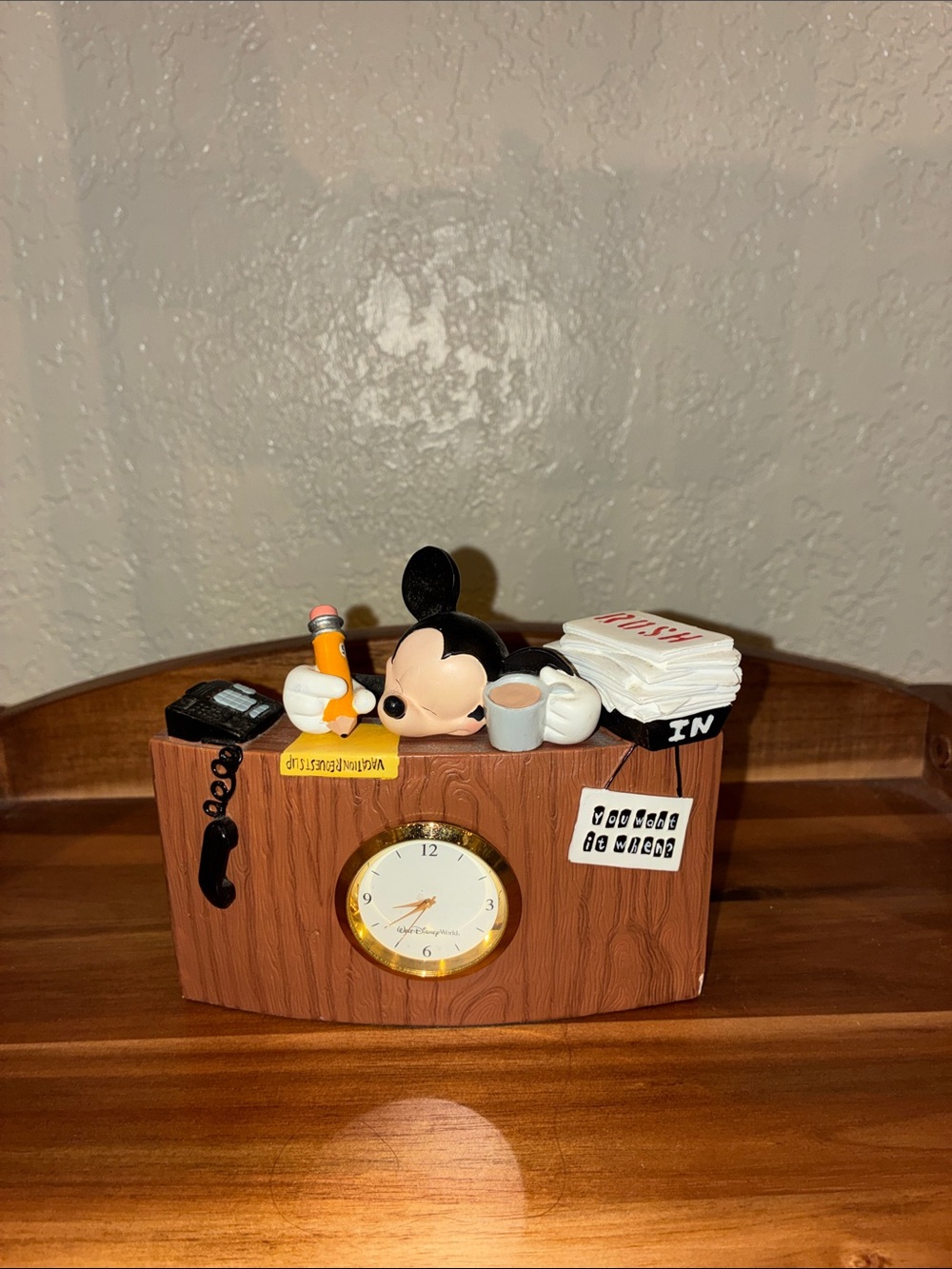 Disney Mickey Mouse Brown faux Woodgrain Desk Clock